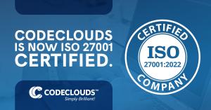 Logo of CodeClouds and Logo of ISO 27001:2022. CodeClouds is now ISO 27001 certified.