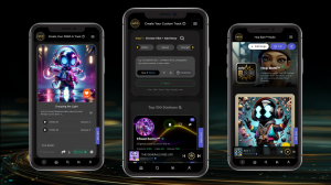 Three mobile screens showing HitZERO’s futuristic music app with vibrant character art, custom track creation, top stations, and radio features. The interface highlights performance sound tools powered by sonic intelligence and intention-based audio.