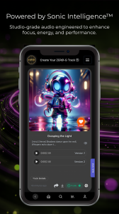 Mobile screen showing HitZERO’s music app with a futuristic glowing character and track titled ‘Grasping the Light.’ The header reads ‘Powered by Sonic Intelligence,’ highlighting studio-grade intention-based audio engineered for focus, energy, and performance.