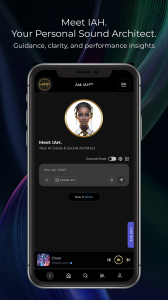 Mobile screen showing HitZERO’s ‘Ask IAH’ interface with an AI sound architect avatar and tools for guidance, clarity, and performance insights. The header reads ‘Meet IAH. Your Personal Sound Architect,’ highlighting intelligent, intention-based audio support.