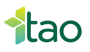 Dark green lowercase TAO with logo icon to the left with three diamond-shaped segments of varying shades of green.