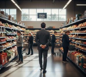 A man in a suit, seen from behind, walks down a grocery store aisle observing shoppers, symbolizing a CEO engaging directly with the customer experience.