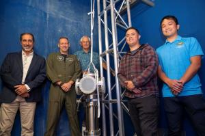 Naval Postgraduate School team developing the atomic fountain for quantum sensing research from left: Dr. Frank Narducci, doctoral student Cmdr. Jens Berdahl, machinists George Jaksha and Daniel Moreno, and visiting scientist Takaho Tsubakiyama.