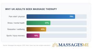 Bar chart showing the top four motivations for massage therapy in the UK: Pain relief/physical (78%), Stress/mental health (37%), Relaxation/wellbeing (30%), and Sports/injury recovery (19%).