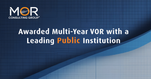 Abstract strategic background with overlay text announcing MOR Consulting Group™'s Vendor of Record award with a leading Canadian public institution.
