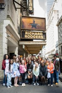 Students and teachers from the Gilder Lehrman Institute’s EduHam Online program gather outside the Richard Rodgers Theatre, home of Hamilton on Broadway.