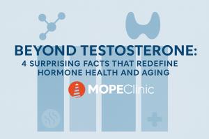 Graphic illustrating MOPE Clinic’s Beyond Testosterone findings, showing four hormone insights that explain how multiple systems influence healthy aging.