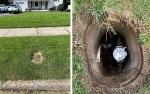 Typical curb site meter setting where Electro Scan SWORDFISH enters a water line to determine one or more pipe materials.