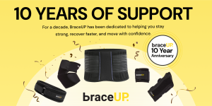 BraceUP 10-year anniversary graphic celebrating a decade of orthopedic support products.