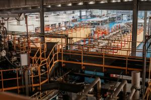 Birds Eye View of Saverglass Acatlan Factory from the Top of the Furnace, looking out over the production lines.