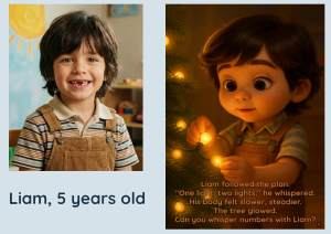 Split image showing a photo of a smiling 5-year-old boy named Liam on the left, and his 3D-style animated storybook avatar holding glowing lights on the right.