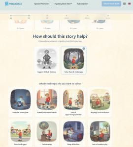 Screenshot of the MIBOOKO storybook configurator interface asking "How should this story help?", displaying selection cards for developmental challenges such as anxiety, bullying, and excessive screen time.