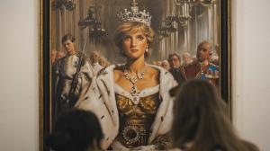 Portrait painting of Princess Diana reimagined as a crowned monarch in Mr Phantom’s artwork “The People’s Queen,” displayed at London Art Exchange.