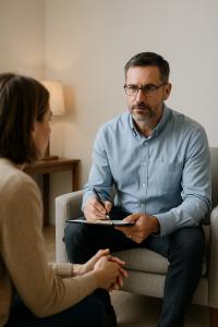 Therapist and client seated in a calm, neutral room during a private counseling session with soft, supportive lighting.