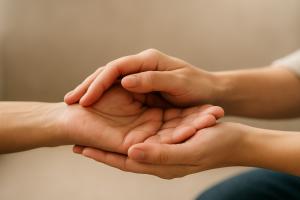 Hands offering support over a neutral background, symbolizing mental health treatment, care, and emotional stability.