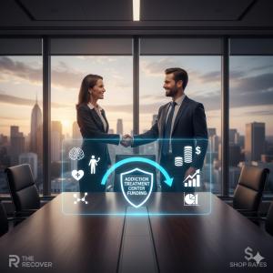 Business executives meeting in a conference room at sunset with digital graphics illustrating loans, capital, cash flow, and addiction treatment center funding.