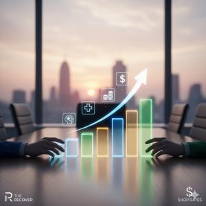 Hands on a conference table with a digital bar chart rising upward, featuring icons for healthcare, money, and reinvestment—symbolizing treatment center financial growth.