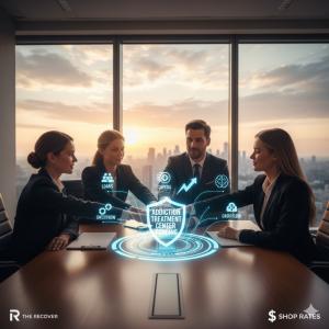 Business executives meeting in a conference room at sunset with digital graphics illustrating loans, capital, cash flow, and addiction treatment center funding.