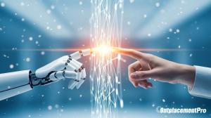 OutplacementPro (logo) in the bottom right corner. Robotic and human hands reaching toward each other, with glowing technology between them.