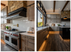 Suncadia great room view showing open kitchen layout, stone fireplace, and cohesive interior styling by Ariana Designs & Interiors.