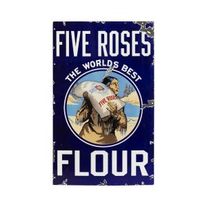 Canadian 1920s single-sided porcelain sign for Five Roses Flour (“The World’s Best Flour”), 41 ¾ inches by 26 inches, graded 8.25 for condition, with great color and gloss (CA$24,780).