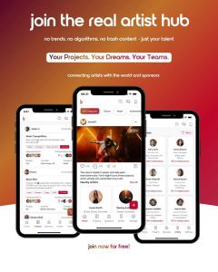 App screen mockup highlighting project discovery and artist profiles.