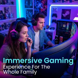 Two people wearing PuroGamer-BT gaming headsets, enjoying an immersive gaming experience together with the text “Immersive. Gaming experience for the whole family.”