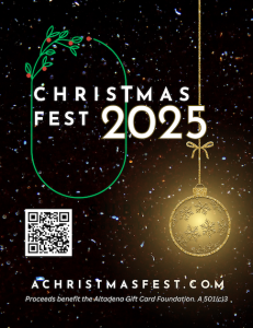Flier for ChristmasFest with a black specaled background, ChristmasFest logo and gold ornament with website and QR code to www.ChristmasFest.com and the name Altadena Gift Card Foundation, a 501c3