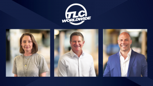Three professional headshots of TLC Worldwide's new North American Leadership team appearing side by side against a dark blue background, with the TLC Worldwide logo above.