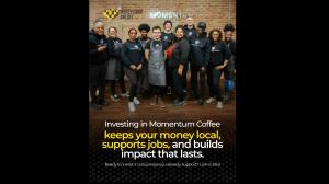 Group photo of Momentum Coffee staff in the South Loop café, highlighting the team behind the community-centered Chicago coffee brand.