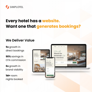 Simplotel website platform shown on a laptop, tablet, and mobile phone, highlighting key results for hotels: 5x growth in direct bookings, 90% savings in OTA commission, 6x growth in brand visibility, and 1M+ room nights booked.