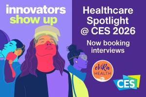 Graphic with CES 2026 branding showing ‘Healthcare Spotlight @ CES 2026 • Now booking interviews’ with the eViRa Health logo.