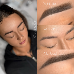 Close-up of healed permanent makeup eyebrows using the AIRFILL technique by Alla Yesinovskiy at Allegria Studio in Aurora, Ohio