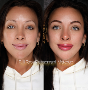 Before and after comparison of full face permanent makeup including eyebrows, eyeliner, and lip blush by Alla Yesinovskiy at Allegria Studio in Aurora, Ohio.