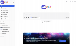 AI+PRO Homepage showing multi model search, apps, prompt library