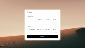 FX screen displaying USD-AED client rate configuration;