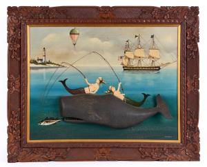 Twice signed, recently discovered 3-dimensional oil on Masonite marine painting by Ralph E. Cahoon, Jr. (1910-1982), titled Mermaids Atop a Whale Fishing. Estimate: $20,000-$30,000.