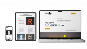 Responsive Vecto TruTrimless website displayed on laptop, tablet, and smartphone, featuring trimless illuminated channel letter options, product grids, and the homepage headline “Welcome to the End of Ordinary.”