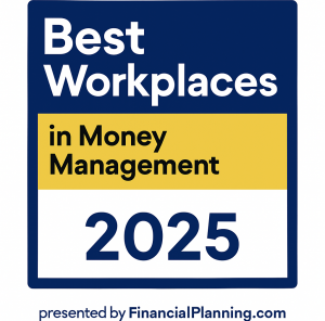 It is an image with text saying Best Workplaces in Money Management 2025 presented by Financialplanning.com