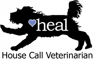 Black and white silhouette of Dr. Jenni Godfrey's dog bounding with a purple heart and the word heal in white.