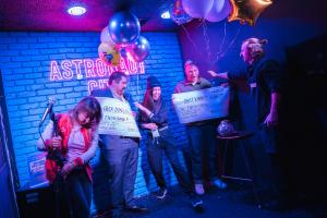 San Gabriel Valley Comedy Festival 2025 winners Alex Durazzo and Matt Kinney. Host Crystal Su. Astronaut City owner Teresa Lo.