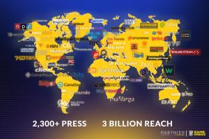 A stylized yellow world map over a blue gradient background, covered with logos of gaming and technology press outlets from different regions. At the bottom, text reads “2,300+ Press” and “3 Billion Reach,” with the Partnier and Game.Press logos in the lo