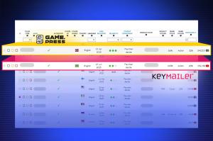 A comparison-style graphic showing two highlighted rows from a media management dashboard. The top row is labeled with the Game.Press logo in yellow, and the second row with the Keymailer logo in pink. Each row displays fields such as accreditation, count