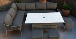 Rattan Garden Furniture LTD rope garden furniture corner dining set with modern square table and cushioned seating, designed for stylish outdoor dining.