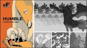 Animated artwork from HUMBLE shows a symbolic rock fable: a hermit monk transformed into a small spider battling demon-like flies led by seven demons, assisted by animals and archangels, in a hand-drawn animation synchronized with music.