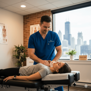 Doctor of Chiropractic performing a gentle manual manipulation adjustment on a patient, demonstrating the technique and safety for a clinic listing on MYTSV.COM.