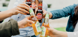 People clinking Super Bock and Somersby bottles during a social gathering, illustrating shared moments and on trade brand experiences in Portugal.