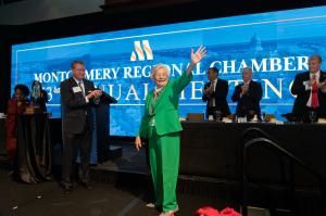 Governor Kay Ivey addresses the audience while accepting the Montgomery Regional Chamber’s Capital Legacy Impact Award.