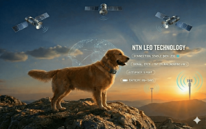 Golden Retriever standing on a mountain peak with satellites overhead, illustrating PawPulse's hybrid cellular and satellite connectivity.
