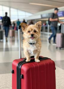 Tan small dog sitting on a red suitcase inside an airport, representing Atlanta pet travel and relocation services.